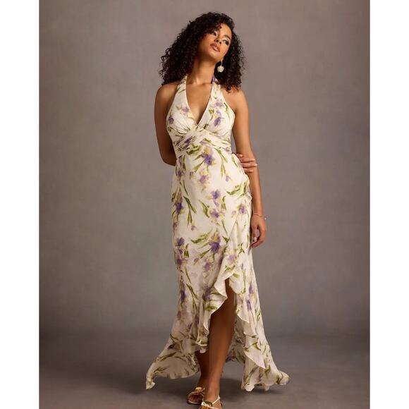 Azazie Dresses & Skirts - NWT Azazie Atelier Leora Tulip Print White Halter Maxi Dress